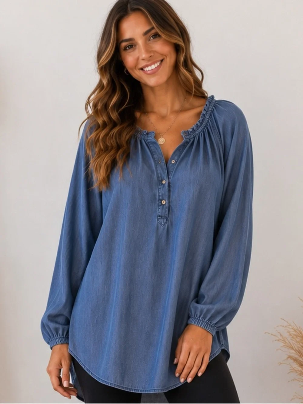 J Jill Denim Lyocell Peasant Blouse XL Chambray Boho Coastal Cowgirl SOFT